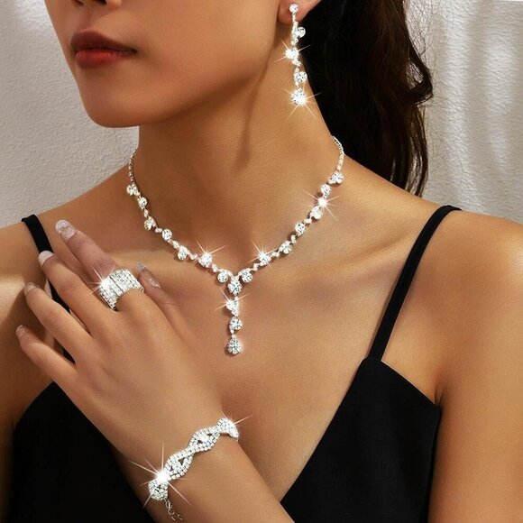 Women Bridal Rhinestone Jewelry Set Necklace Earrings Bracelet Ring - Picture 5 of 7